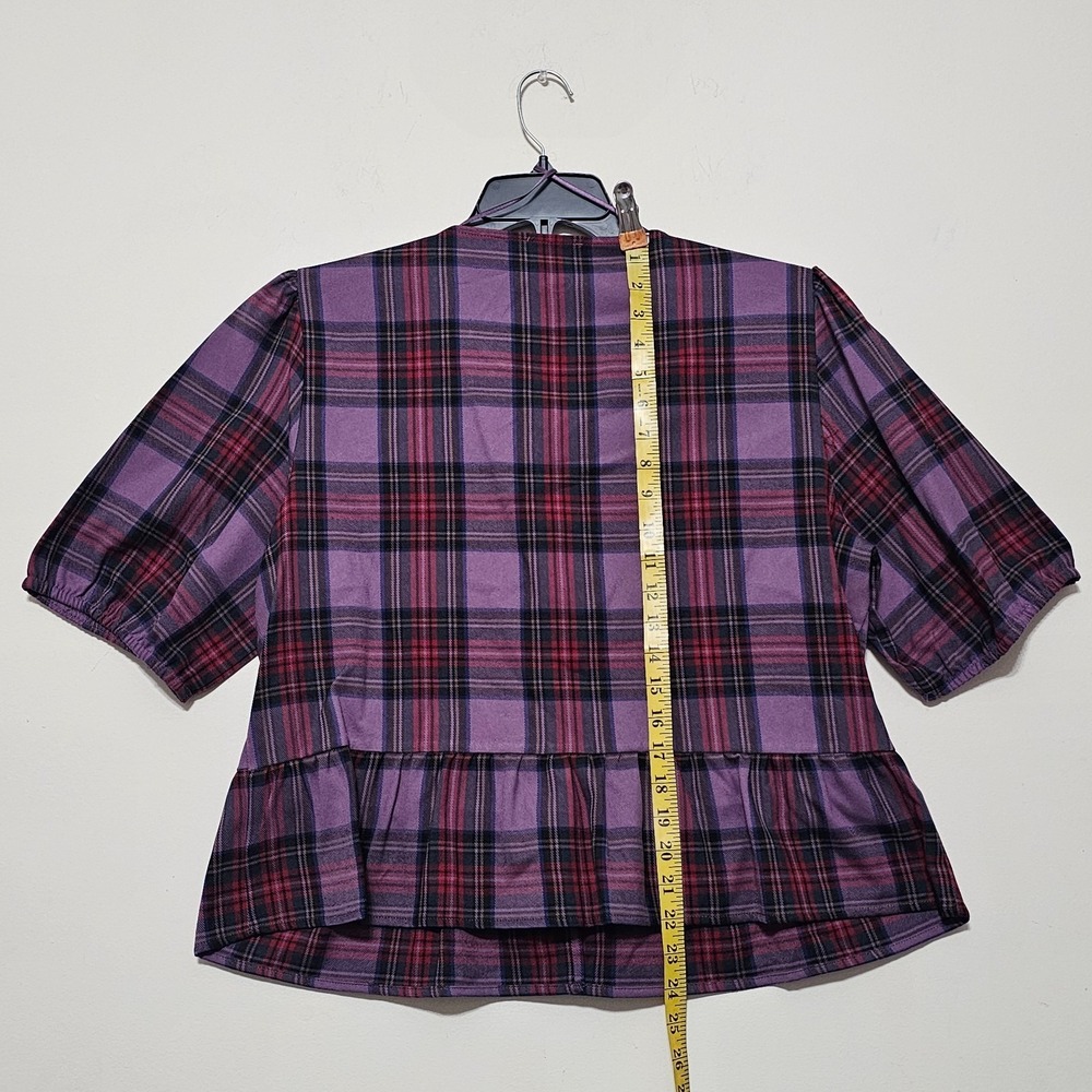 Cece Women's Top Blouse XL Purple Plaid Puff Short Sleeves Front Bow Tie 1102 - Picture 5 of 7